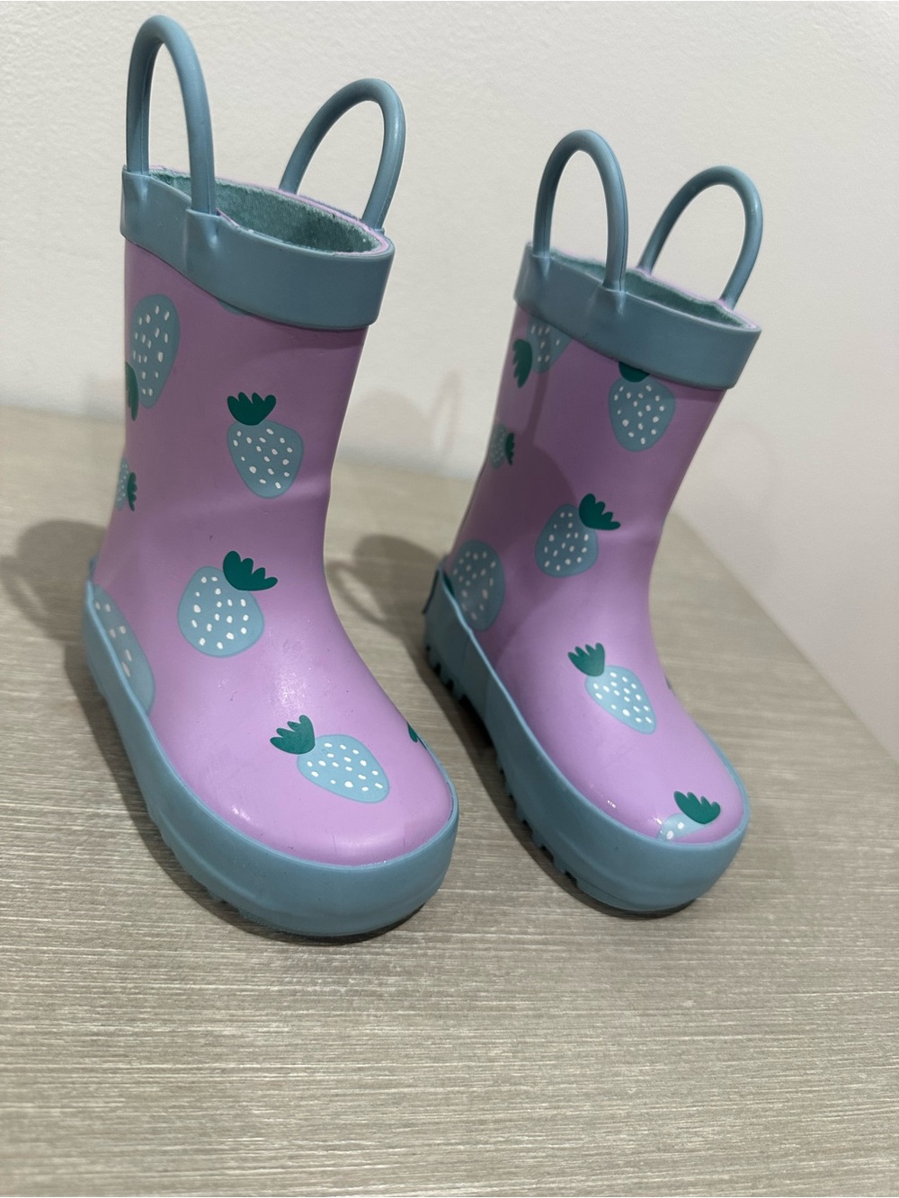 Kids Waterproof Purple Strawberry Rain Boots with Blue Trim